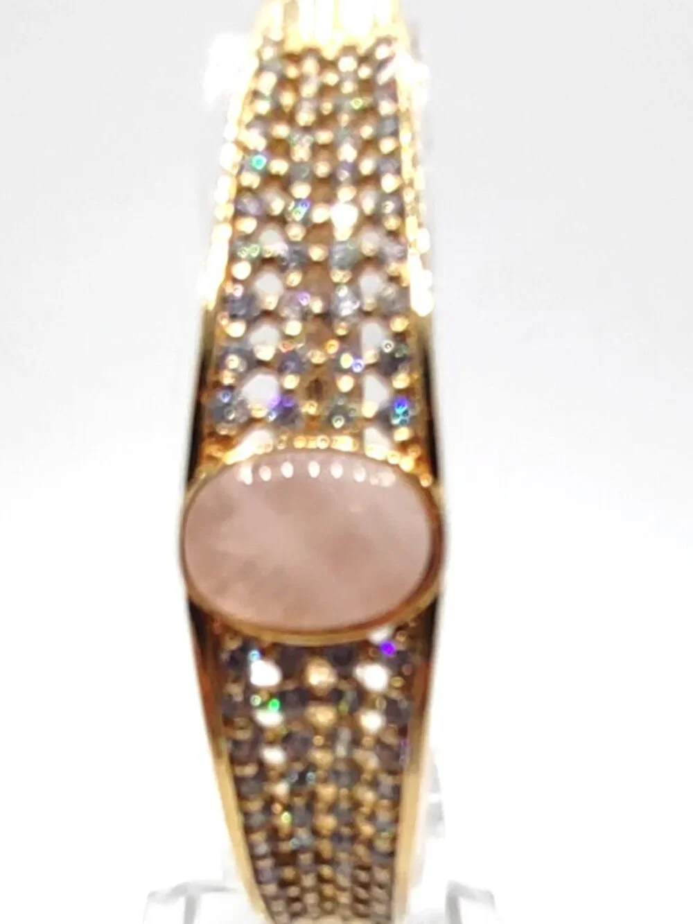 Bangle Bracelet -Peach Iolite Stone + CZs- Sterling Silver 925-Gold Vermeil